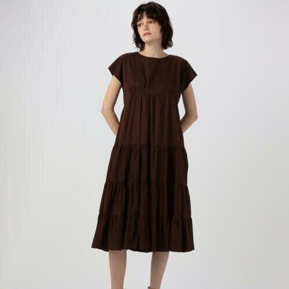 Merlette Tomorrowland Alen Solid Midi Dress Kimono Sleeve Tiered XS New 274787